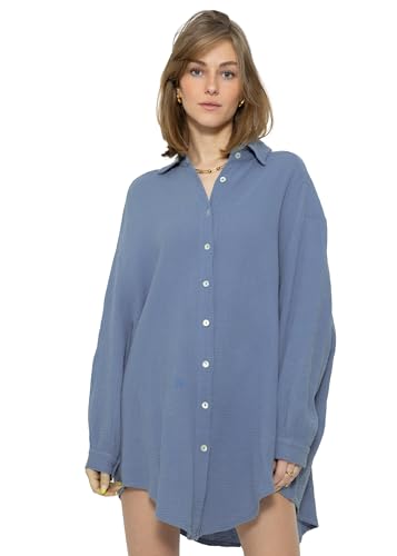 SASSYCLASSY Oversize Musselin Bluse Damen Langarm - Oversized Freizeit Look - Hemdbluse lang aus Baumwolle mit V Ausschnitt - Long-Bluse One Size (Gr. 36-48) Blau von SASSYCLASSY