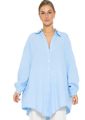 SASSYCLASSY Oversize Musselin Bluse Damen Langarm - Oversized Freizeit Look - Hemdbluse lang aus Baumwolle mit V Ausschnitt - Long-Bluse One Size (Gr. 36-48) von SASSYCLASSY