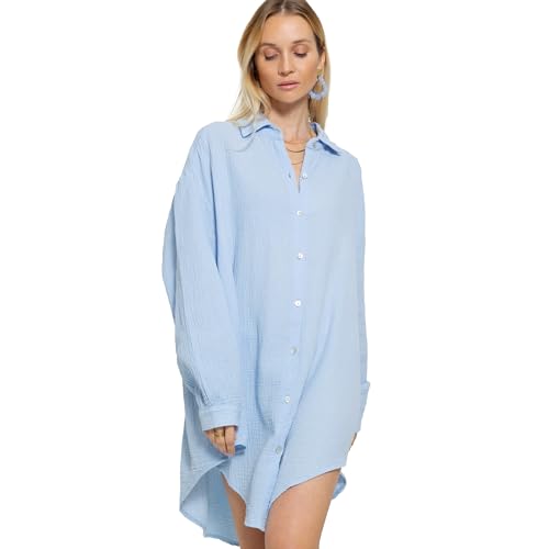 SASSYCLASSY Oversize Musselin Bluse Damen Langarm - Oversized Freizeit Look - Hemdbluse lang aus Baumwolle mit V Ausschnitt - Long-Bluse One Size (Gr. 36-48) Hellblau von SASSYCLASSY