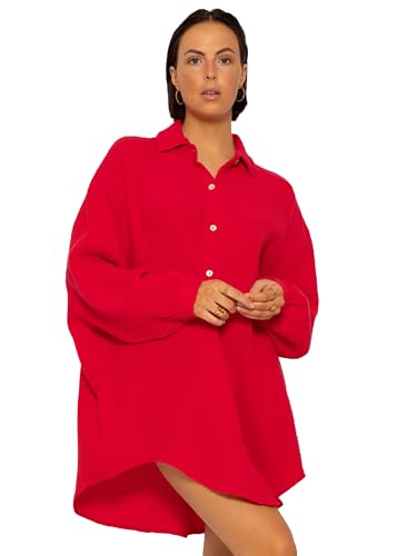 SASSYCLASSY Oversize Musselin Bluse Damen Langarm - Oversized Freizeit Look - Hemdbluse lang aus Baumwolle mit V Ausschnitt - Long-Bluse One Size (Gr. 36-48) von SASSYCLASSY