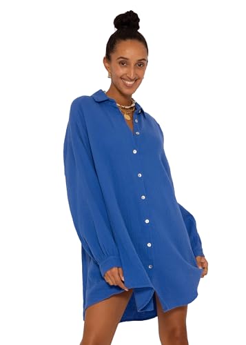 SASSYCLASSY Oversize Musselin Bluse Damen Langarm - Oversized Freizeit Look - Hemdbluse lang aus Baumwolle mit V Ausschnitt - Long-Bluse One Size (Gr. 36-48) von SASSYCLASSY