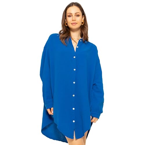 SASSYCLASSY Oversize Musselin Bluse Damen Langarm - Oversized Freizeit Look - Hemdbluse lang aus Baumwolle mit V Ausschnitt - Long-Bluse One Size (Gr. 36-48) Royalblau von SASSYCLASSY