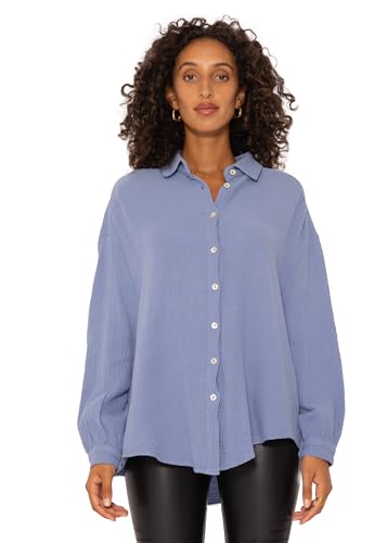 SASSYCLASSY Oversize Musselin Bluse Damen Langarm - Oversized Freizeit Look - Hemdbluse lang aus Baumwolle mit V Ausschnitt - One Size (Gr. 36-48) von SASSYCLASSY