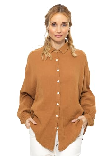 SASSYCLASSY Oversize Musselin Bluse Damen Langarm - Oversized Freizeit Look - Hemdbluse lang aus Baumwolle mit V Ausschnitt - One Size (Gr. 36-48) von SASSYCLASSY