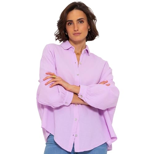 SASSYCLASSY Oversize Musselin Bluse Damen Langarm - Oversized Freizeit Look - Hemdbluse lang aus Baumwolle mit V Ausschnitt - Long-Bluse One Size (Gr. 36-48) Flieder von SASSYCLASSY