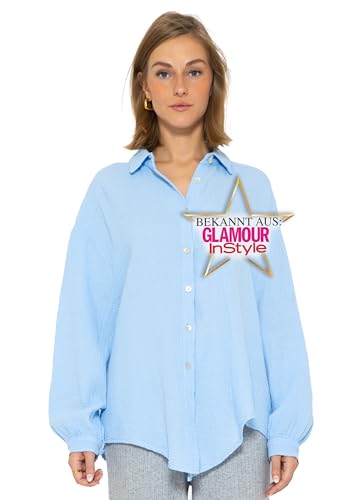 SASSYCLASSY Oversize Musselin Bluse Damen Langarm - Oversized Freizeit Look - Hemdbluse lang aus Baumwolle mit V Ausschnitt - One Size (Gr. 36-48) von SASSYCLASSY