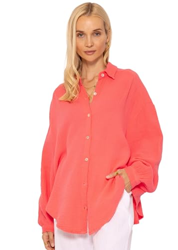 SASSYCLASSY Oversize Musselin Bluse Damen Langarm - Oversized Freizeit Look - Hemdbluse lang aus Baumwolle mit V Ausschnitt - One Size (Gr. 36-48) von SASSYCLASSY