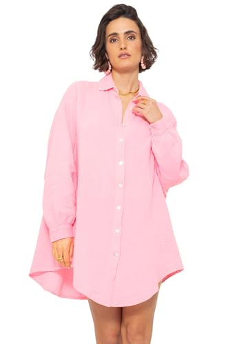 SASSYCLASSY Oversize Musselin Bluse Damen Langarm in Babyrosa - Oversized Freizeit Look - Hemdbluse lang aus Baumwolle mit V Ausschnitt - Long-Bluse One Size (Gr. 36-48) von SASSYCLASSY