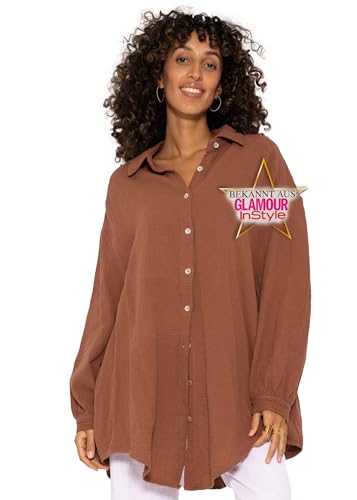 SASSYCLASSY Oversize Musselin Bluse Damen Langarm in Cafelatte - Oversized Freizeit Look - Hemdbluse lang aus Baumwolle mit V Ausschnitt - Long-Bluse One Size (Gr. 36-48) von SASSYCLASSY
