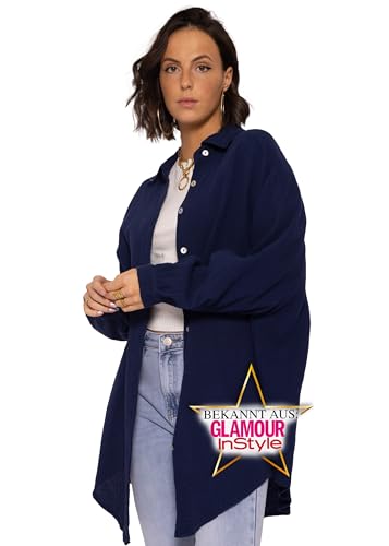 SASSYCLASSY Oversize Musselin Bluse Damen Langarm in Dunkelblau - Oversized Freizeit Look - Hemdbluse lang aus Baumwolle mit V Ausschnitt - Long-Bluse One Size (Gr. 36-48) von SASSYCLASSY