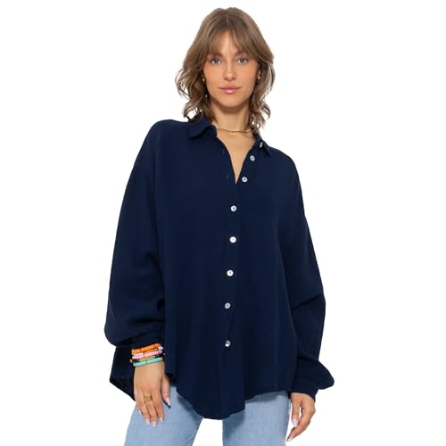 SASSYCLASSY Oversize Musselin Bluse Damen Langarm - Oversized Freizeit Look - Hemdbluse lang aus Baumwolle mit V Ausschnitt - Long-Bluse One Size (Gr. 36-48) Dunkelblau von SASSYCLASSY
