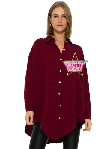 SASSYCLASSY Oversize Musselin Bluse Damen Langarm in Dunkelrot - Oversized Freizeit Look - Hemdbluse lang aus Baumwolle mit V Ausschnitt - Long-Bluse One Size (Gr. 36-48) von SASSYCLASSY