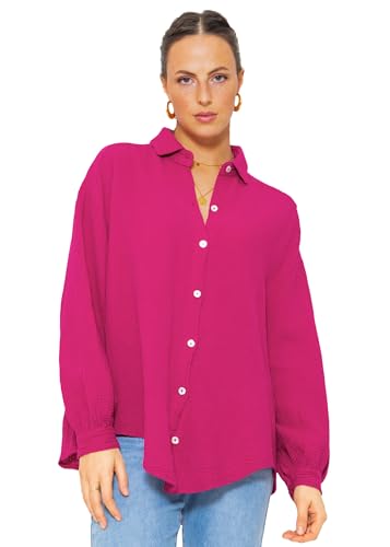 SASSYCLASSY Oversize Musselin Bluse Damen Langarm in Fuchsia - Oversized Freizeit Look - Hemdbluse lang aus Baumwolle mit V Ausschnitt - One Size (Gr. 36-48) von SASSYCLASSY