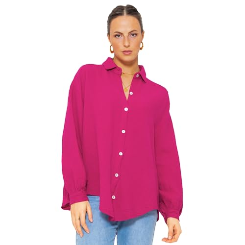 SASSYCLASSY Oversize Musselin Bluse Damen Langarm - Oversized Freizeit Look - Hemdbluse lang aus Baumwolle mit V Ausschnitt - Long-Bluse One Size (Gr. 36-48) Fuchsia von SASSYCLASSY