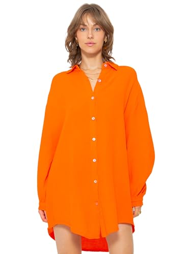 SASSYCLASSY Oversize Musselin Bluse Damen Langarm in Orange - Oversized Freizeit Look - Hemdbluse lang aus Baumwolle mit V Ausschnitt - Long-Bluse One Size (Gr. 36-48) von SASSYCLASSY