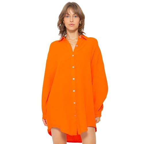 SASSYCLASSY Oversize Musselin Bluse Damen Langarm - Oversized Freizeit Look - Hemdbluse lang aus Baumwolle mit V Ausschnitt - Long-Bluse One Size (Gr. 36-48) Orange von SASSYCLASSY