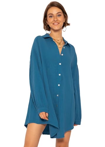 SASSYCLASSY Oversize Musselin Bluse Damen Langarm in Petrolblau - Oversized Freizeit Look - Hemdbluse lang aus Baumwolle mit V Ausschnitt - Long-Bluse One Size (Gr. 36-48) von SASSYCLASSY