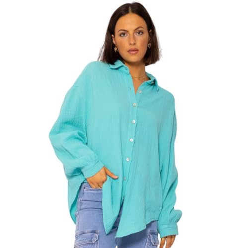 SASSYCLASSY Oversize Musselin Bluse Damen Langarm in Türkis - Oversized Freizeit Look - Hemdbluse lang aus Baumwolle mit V Ausschnitt - One Size (Gr. 36-48) von SASSYCLASSY