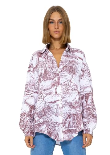 SASSYCLASSY Oversize Musselin Bluse Damen Print Langarm - Oversized Freizeit Look - Hemdbluse lang aus Baumwolle mit V Ausschnitt - One Size (Gr. 36-48) von SASSYCLASSY