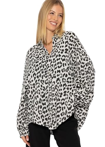 SASSYCLASSY Oversize Musselin Bluse mit Leo Print Damen Langarm - Oversized Freizeit Look - Hemdbluse lang aus Baumwolle mit V Ausschnitt - Long-Bluse One Size (Gr. 36-48) Leopard Muster Hellbeige von SASSYCLASSY