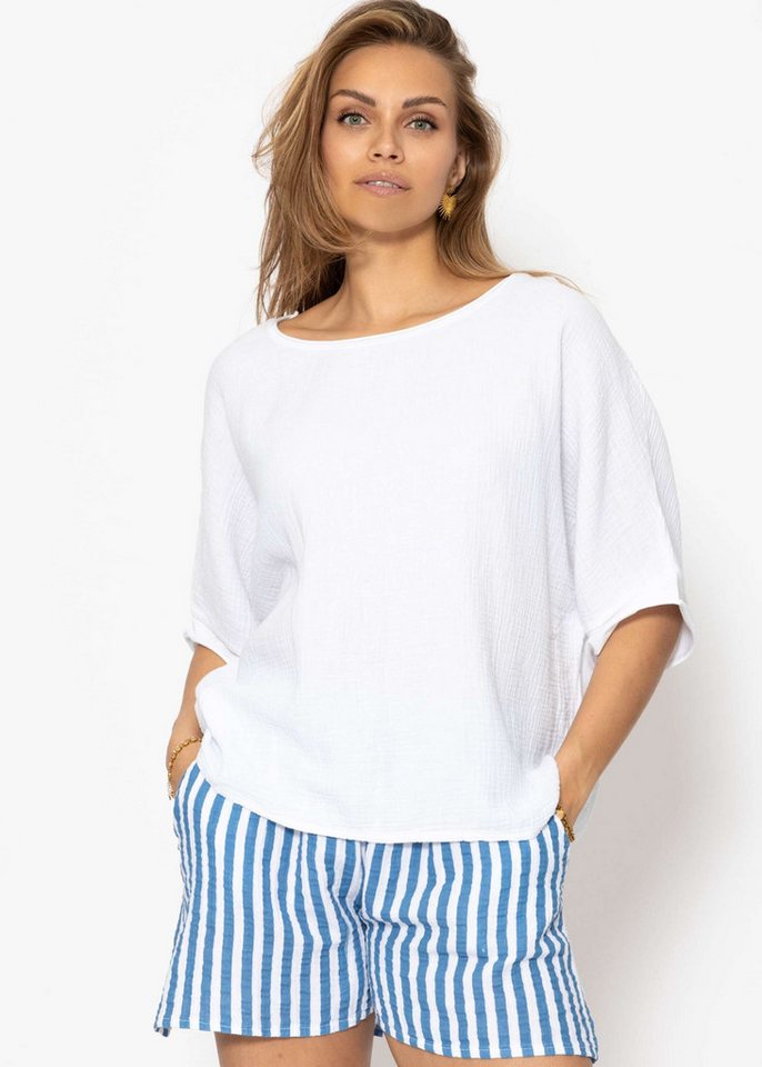 SASSYCLASSY Oversize-Shirt Lässiges Musselin Shirt für Damen Leichtes Shirt aus Baumwolle im oversized Fit Schwarz Weiß Taupe von SASSYCLASSY