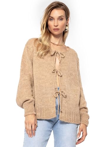 SASSYCLASSY Oversize Strickjacke Damen lang Schleifen Grobstrickjacke Damen Herbst Winter Warm Grobstrick Cardigan Damen kurz zum Binden V Ausschnitt Strickweste Damen lang Langarm Beige L von SASSYCLASSY