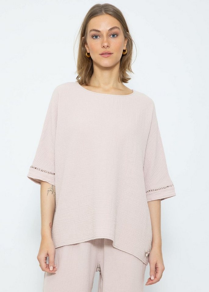SASSYCLASSY Pyjamaoberteil Lockeres Pyjama Shirt für Damen mit Spitzenborte Oversize Musselin Pyjama Shirt mit Rundhals Grün Altrosa Taupe Weiß von SASSYCLASSY