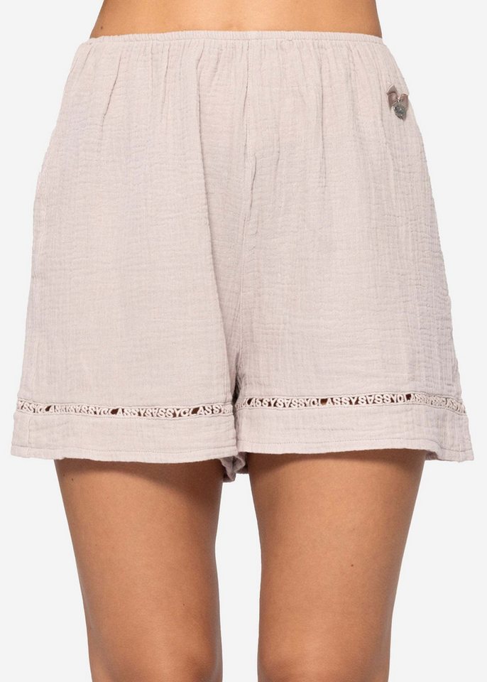 SASSYCLASSY Pyjamashorts Musselin Pyjamashorts mit Spitzenborte für Damen Shorts aus Baumwolle mit elastischem Bund Altosa Taupe Salbeigrün von SASSYCLASSY