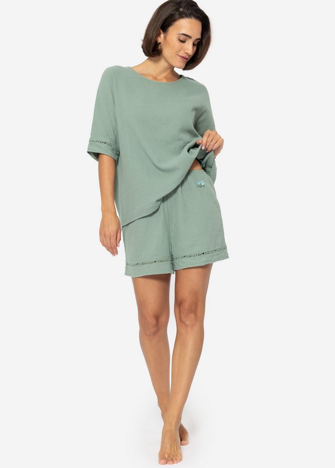 SASSYCLASSY Pyjamashorts Musselin Pyjamashorts Damen mit Spitzenborte Leichte Schlafshorts mit Spitzenborte und Gummibund Beige Grün Rosa von SASSYCLASSY