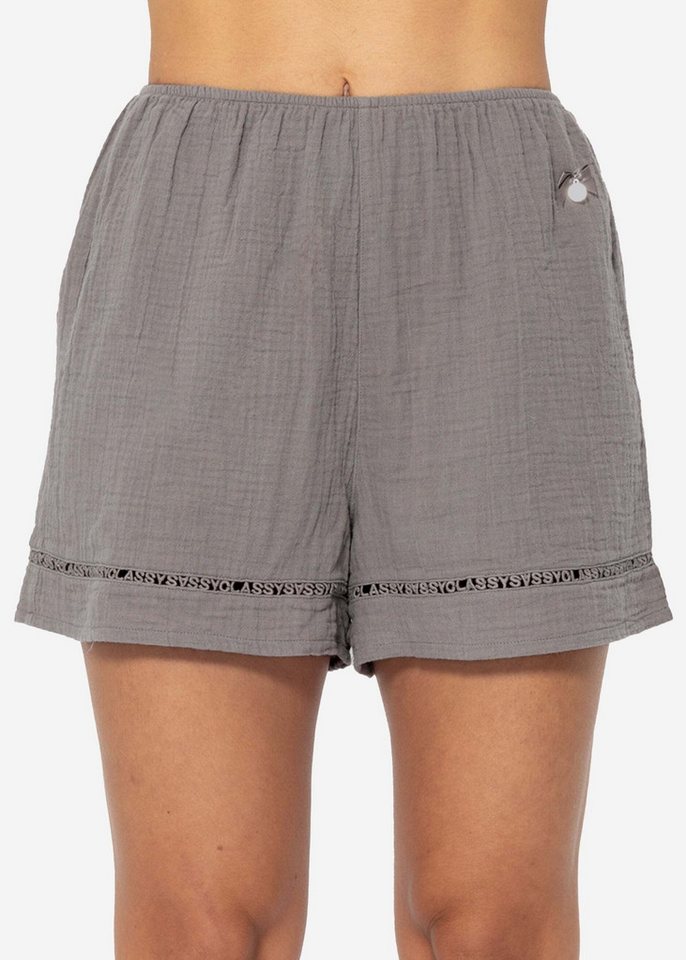 SASSYCLASSY Pyjamashorts Musselin Pyjamashorts mit Spitzenborte für Damen Shorts aus Baumwolle mit elastischem Bund Altosa Taupe Salbeigrün von SASSYCLASSY