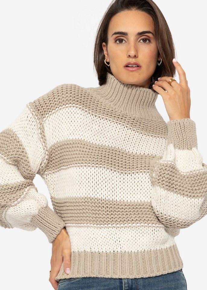 SASSYCLASSY Rollkragenpullover Oversize Rollkragen Strickpullover Damen Elegant Warmer Pullover aus Grobstrick in Streifen Design Schwarz Weiß Beige von SASSYCLASSY