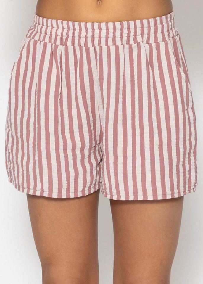 SASSYCLASSY Shorts Gestreifte Musselin Shorts Damen Shorts aus Baumwoll-Musselin mit Gummibund und Eingriffstaschen rosa von SASSYCLASSY