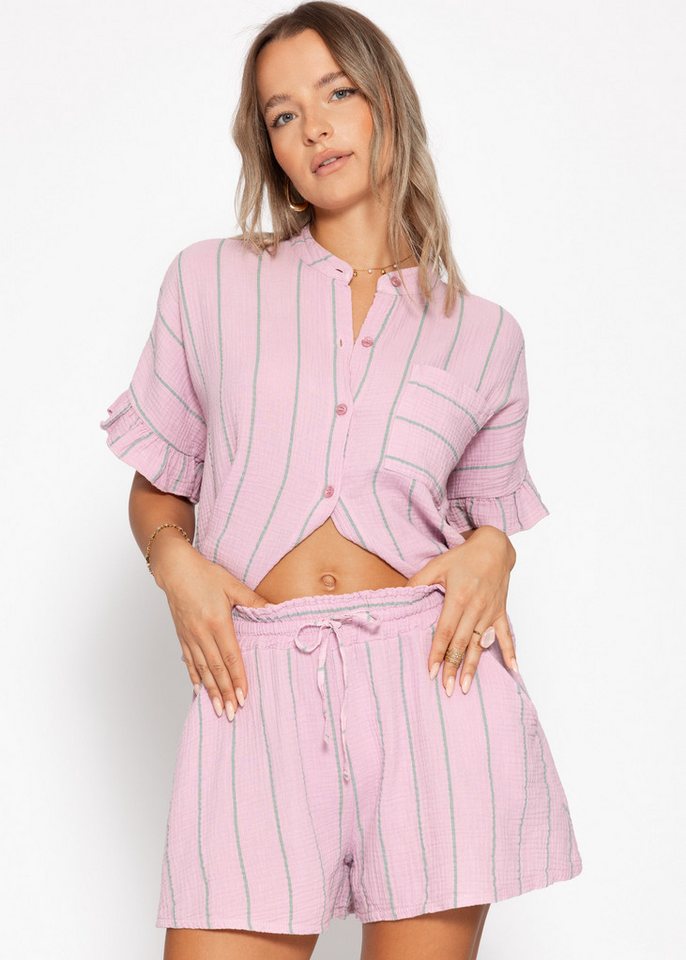 SASSYCLASSY Shorts Gestreifte Musselin Shorts Damen Shorts aus Baumwoll-Musselin mit Gummibund und Eingriffstaschen rosa von SASSYCLASSY