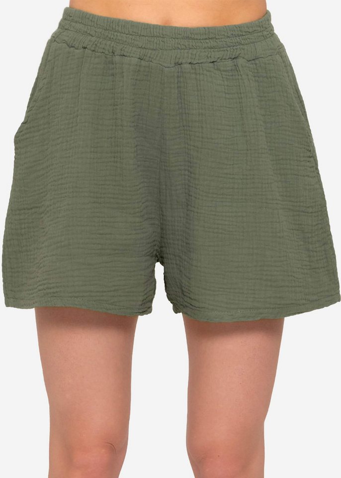 SASSYCLASSY Shorts High-Waist Musselin Shorts Damen aus Baumwolle Musselinhose kurz mit Taschen und Gummibund Sommer von SASSYCLASSY
