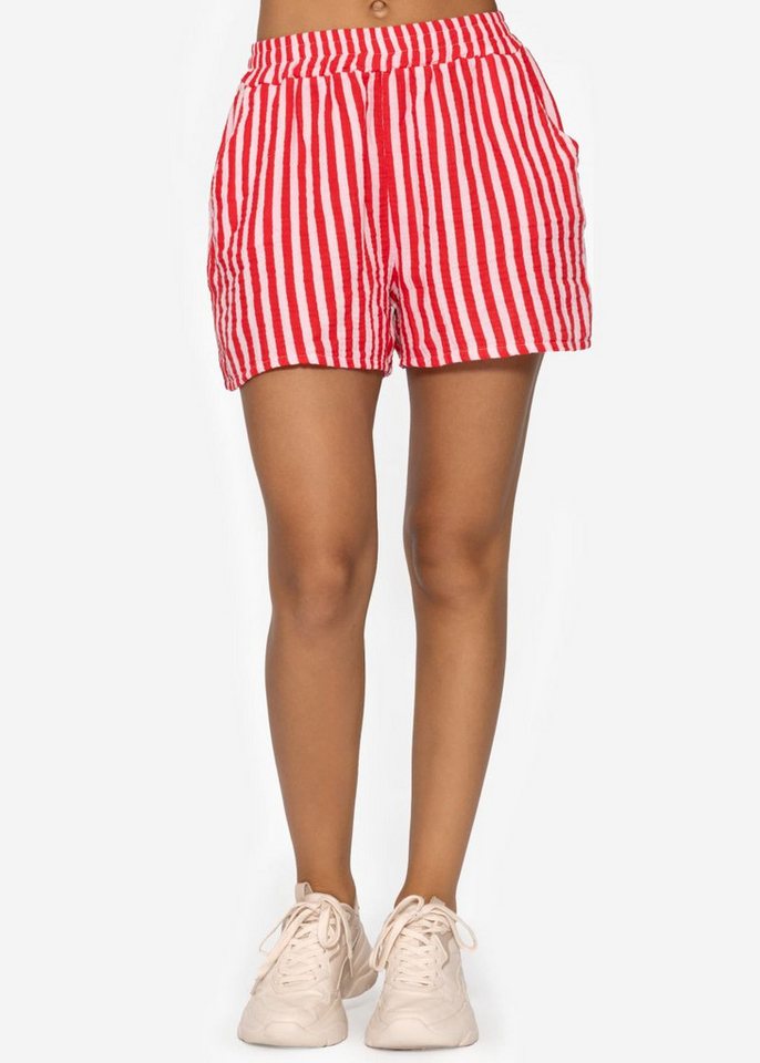 SASSYCLASSY Shorts Musselin Shorts Damen gestreift aus Baumwolle Leichte Musselinhose kurz in Streifenmuster mit Gummibund rot-pink von SASSYCLASSY