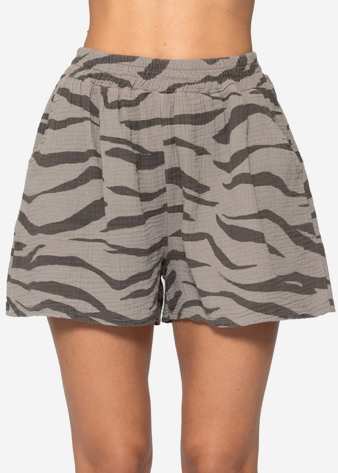 SASSYCLASSY Shorts Musselin Shorts mit Print Damen Bedruckte Baumwollshorts mit elastischem Bund Beige Taupe Pink von SASSYCLASSY