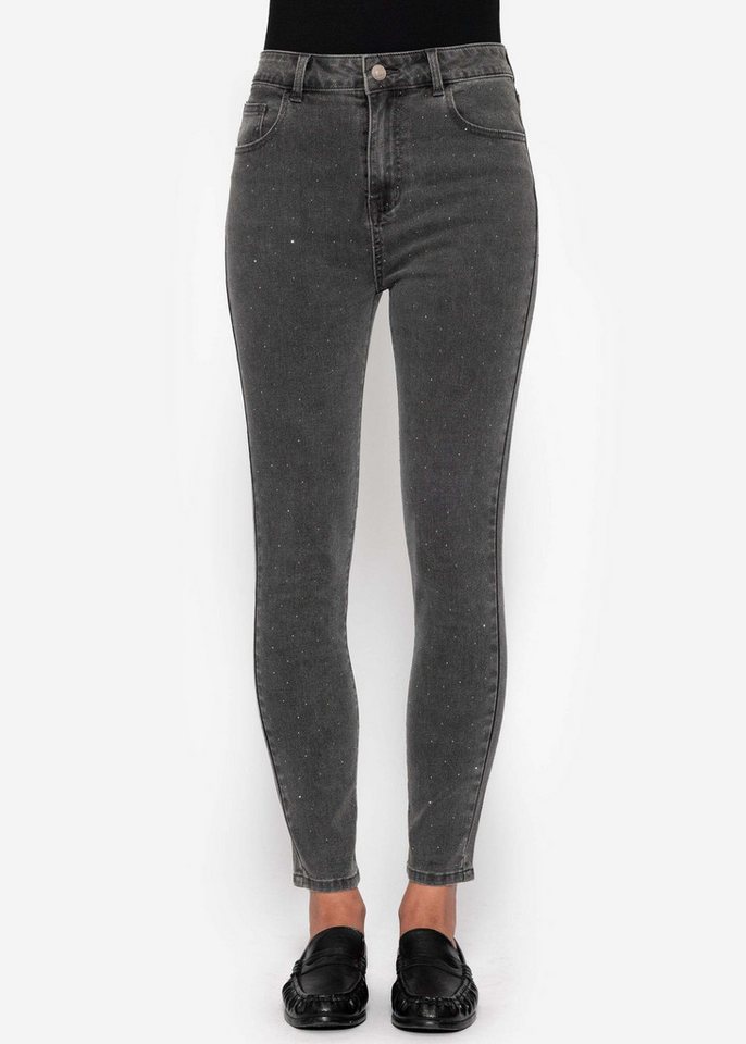 SASSYCLASSY Skinny-fit-Jeans Highwaist Skinny Jeans für Damen Elegante Jeans mit Strasssteinen im 5 Pocket-Desgin Dunkelgrau von SASSYCLASSY