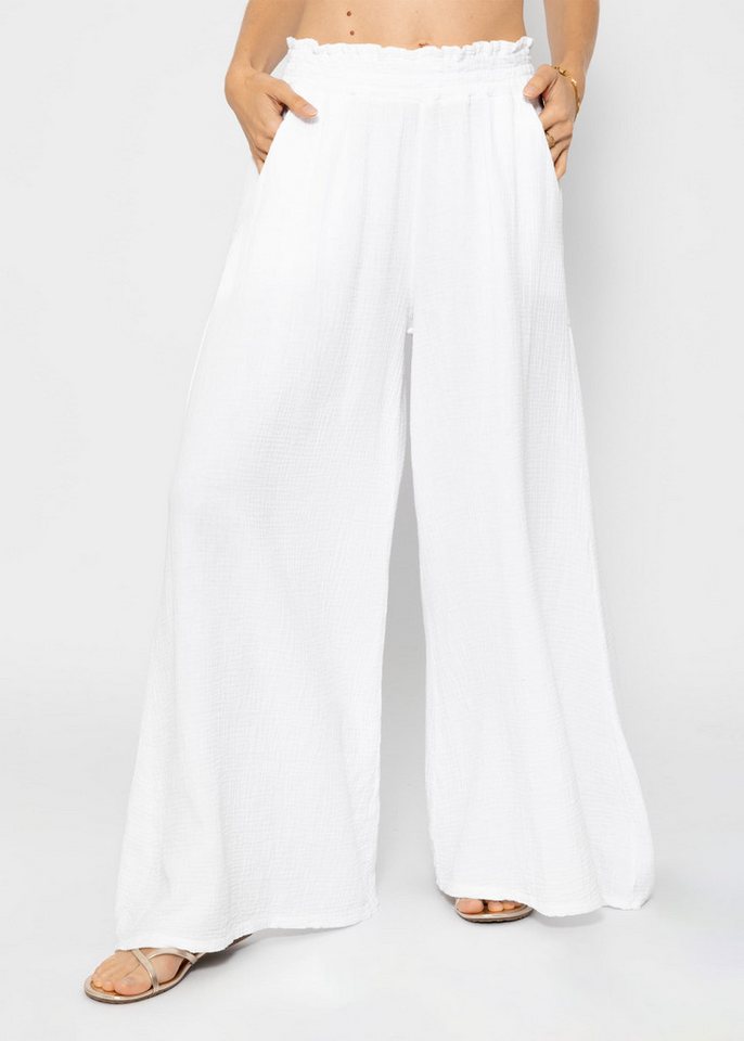 SASSYCLASSY Stoffhose Leichte Musselin Sommer Hose Damen Lang Elegant Lockere Musselinhose aus Baumwolle mit weitem Bein Schwarz Weiß Beige von SASSYCLASSY