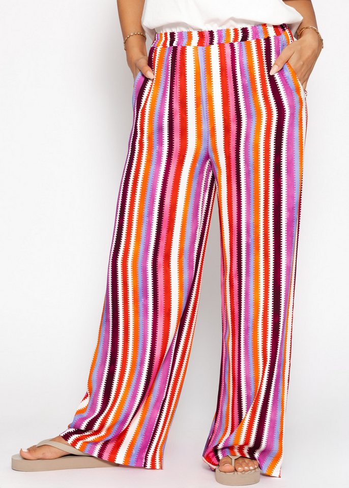 SASSYCLASSY Stoffhose Leichte Streifenhose Damen mit weitem Bein Luftige Wide Leg Hose mit elastischem Bund Pink von SASSYCLASSY