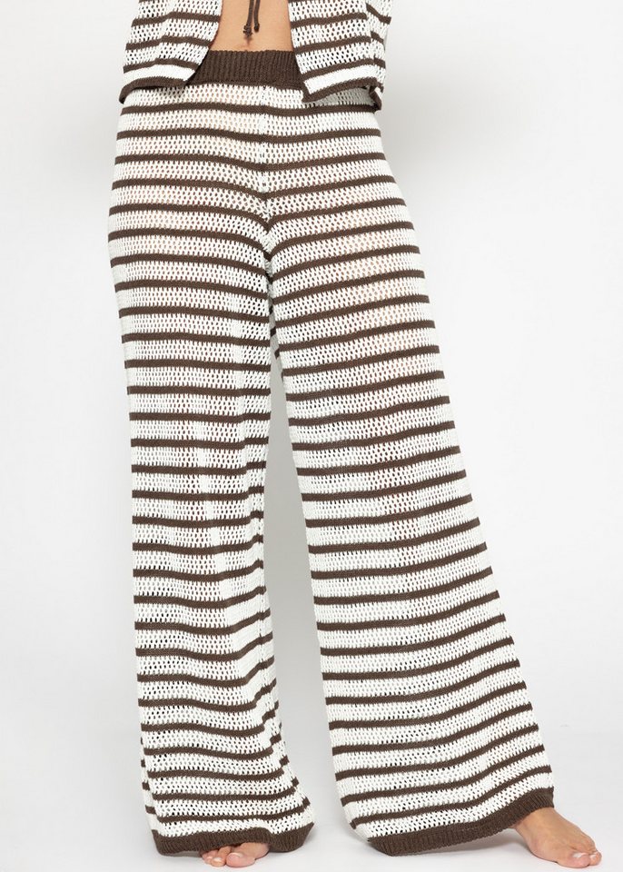 SASSYCLASSY Stoffhose Strickhose mit geradem Bein für Damen Luftige Grobstickhose mit elastischem Bund Braun Weiß von SASSYCLASSY