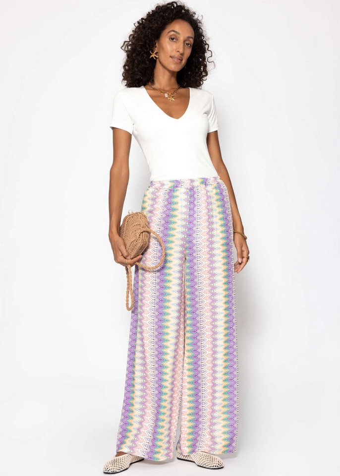 SASSYCLASSY Stoffhose Weite Hose mit Multicolor-Muster für Damen Bunt gemusterte Hose aus Viskose mit elastischem Bund Flieder-Rosa von SASSYCLASSY