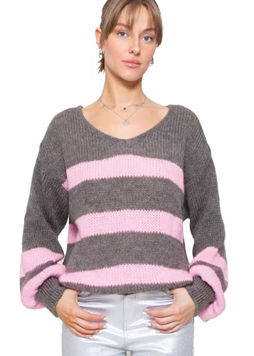 SASSYCLASSY Streifen Strickpullover Damen Oversize - Madie in Italy - grobmaschig V Ausschnitt Pulli Damen Herbst - Strickpulli Damenpullover Langarm - Strick Pullover Grobstrickpullover von SASSYCLASSY