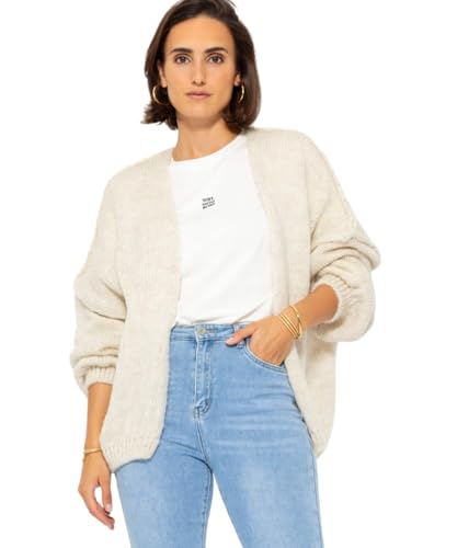 SASSYCLASSY Strickjacke Damen kurz mit Außennähten - Oversize Cardigan Damen kurz Herbst Winter - Grobstrickjacke Damen elegant Langarm mit V Ausschnitt - Kurze Strickweste Damen Warm Beige S M L von SASSYCLASSY