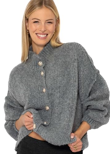SASSYCLASSY Strickjacke Damen kurz mit Knöpfen Oversize Cardigan Damen kurz Herbst Winter - Grobstrickjacke elegant Langarm mit V Ausschnitt Strickweste Warm Grau S/M von SASSYCLASSY