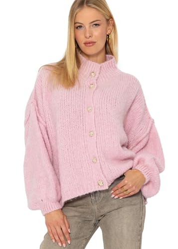 SASSYCLASSY Strickjacke Damen kurz mit Knöpfen Oversize Cardigan Damen kurz Herbst Winter - Grobstrickjacke elegant Langarm mit V Ausschnitt Strickweste Warm Rosa L/XL von SASSYCLASSY