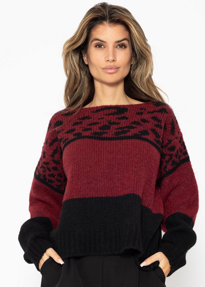 SASSYCLASSY Strickpullover Damen Oversized Strickpullover mit Leo-Print Lässiger Damen Leopardenpullover Schwarz Burgundy Khaki von SASSYCLASSY