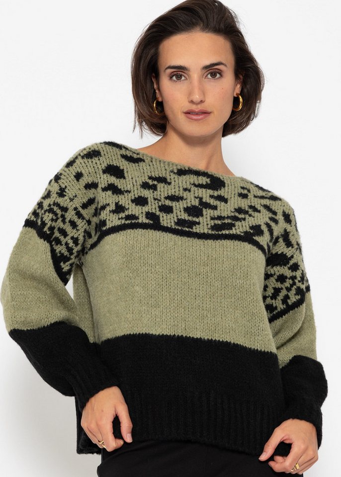 SASSYCLASSY Strickpullover Damen Oversized Strickpullover mit Leo-Print Lässiger Damen Leopardenpullover Schwarz Burgundy Khaki von SASSYCLASSY