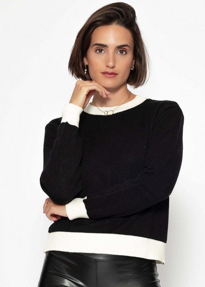 SASSYCLASSY Strickpullover Feinstrickpullover mit Bündchen-Details für Damen Pullover mit Rundhalsausschnitt und geradem Schnitt Schwarz Offwhite von SASSYCLASSY