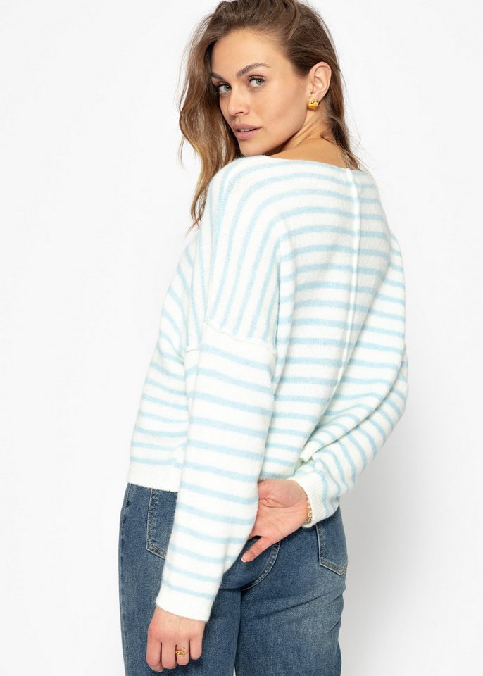 SASSYCLASSY Strickpullover Gestreifter Pullover mit Rückennaht für Damen Weicher Oversize Pullover im stylischen Streifenlook Schwarz-Offwhite von SASSYCLASSY