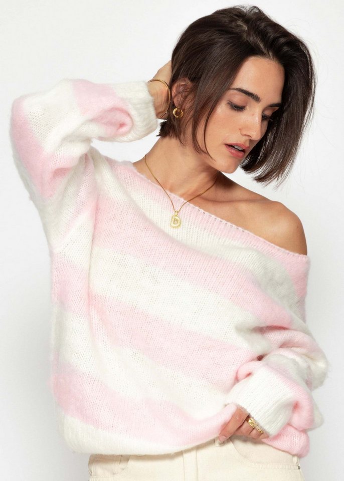 SASSYCLASSY Strickpullover Gestreifter Pullover für Damen Weicher Strickpullover mit U-Boot Ausschnitt und Strukturmix von SASSYCLASSY